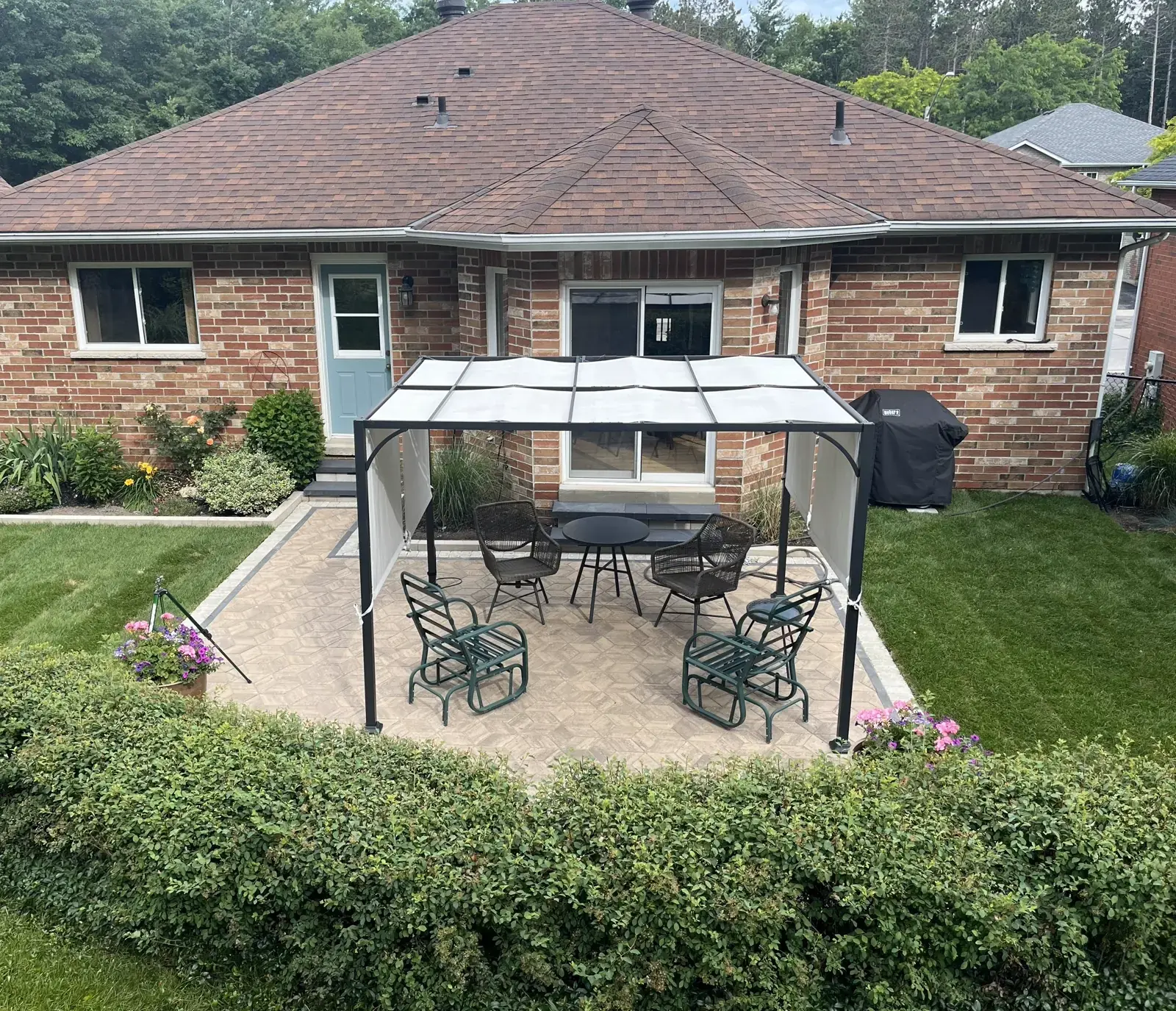 Real Golden Maple backyard build — paver patio, pergola, gardens, and fresh lawn